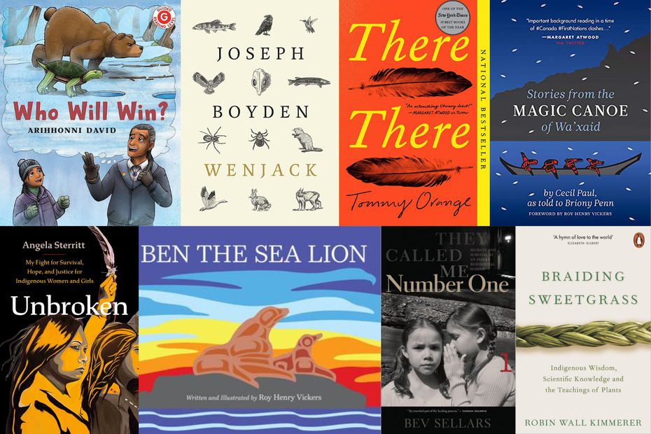 A collage of eight book covers are shown